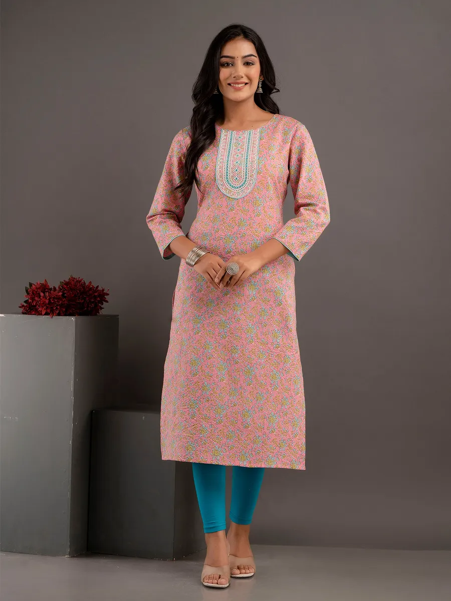 Coral pink floral printed casual kurti