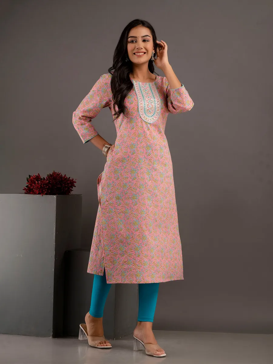 Coral pink floral printed casual kurti