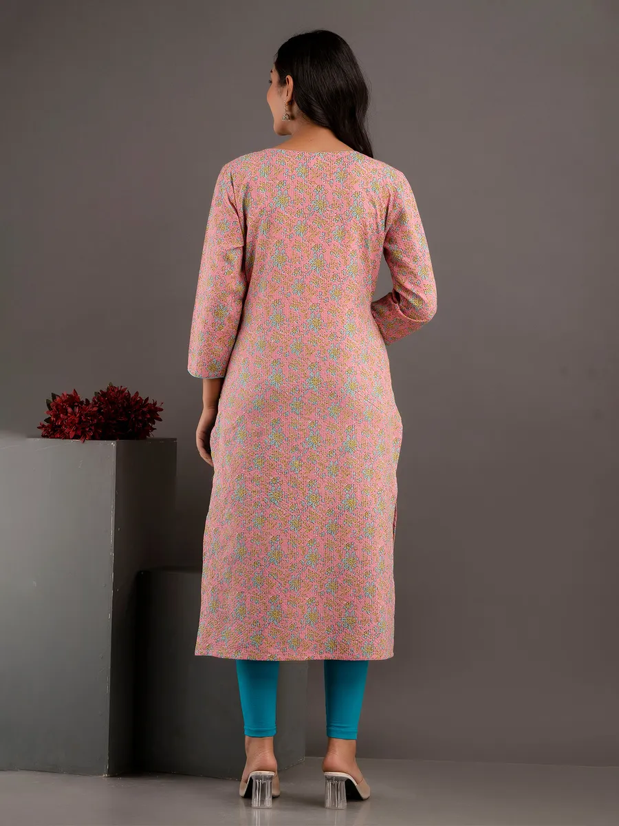 Coral pink floral printed casual kurti