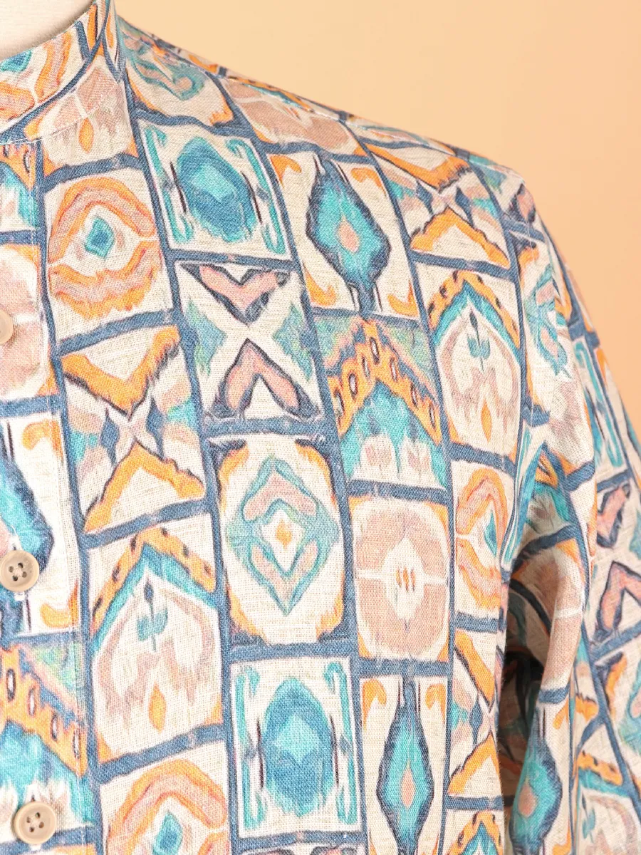 Cotton beige and blue kurta suit for men