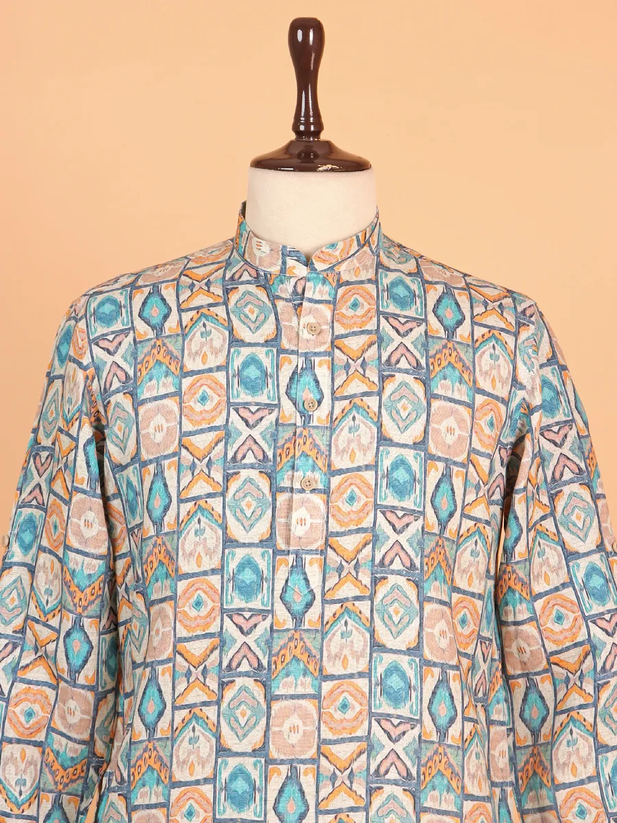 Cotton beige and blue kurta suit for men
