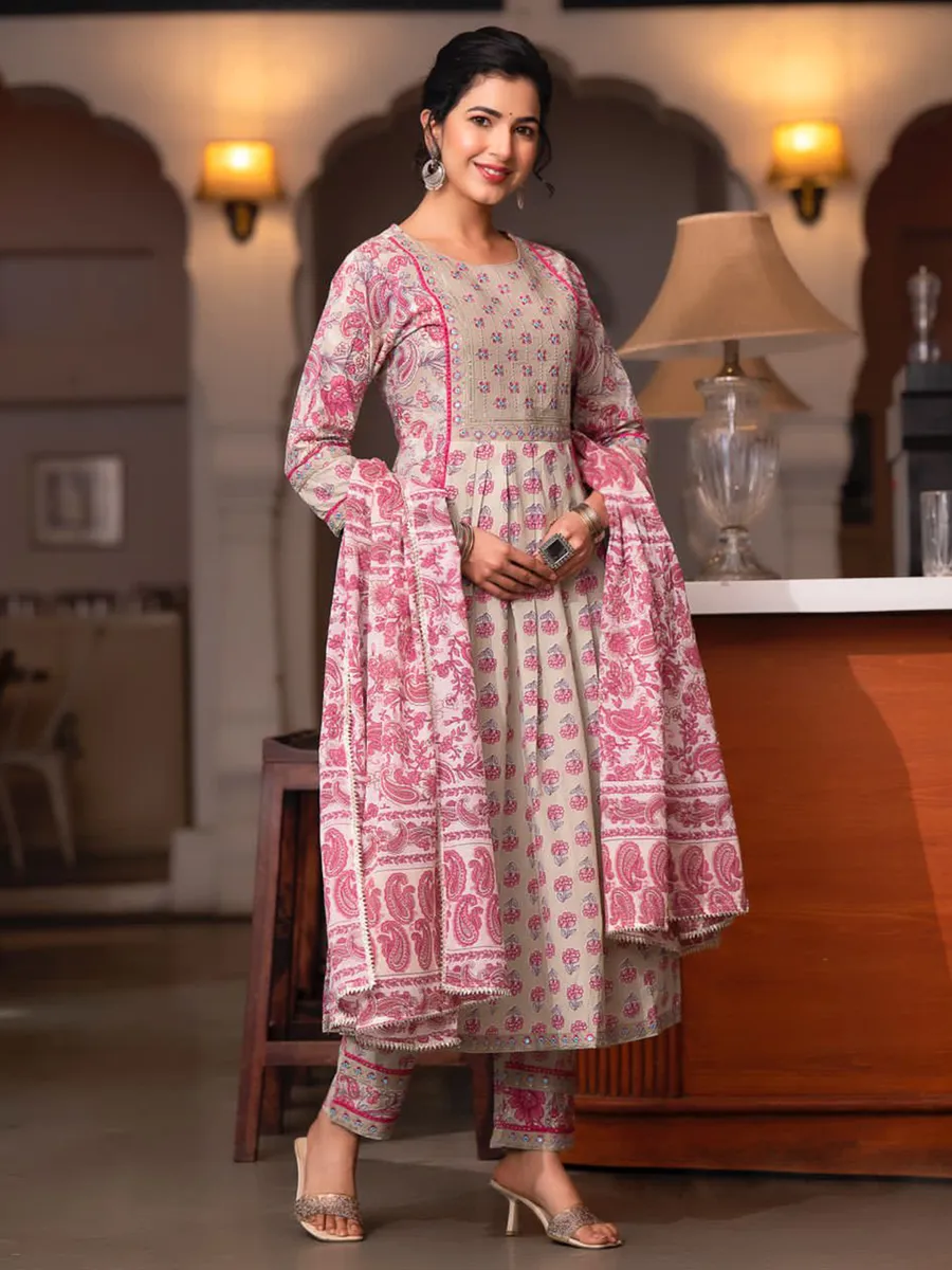 Cotton beige printed nyra cut kurti set