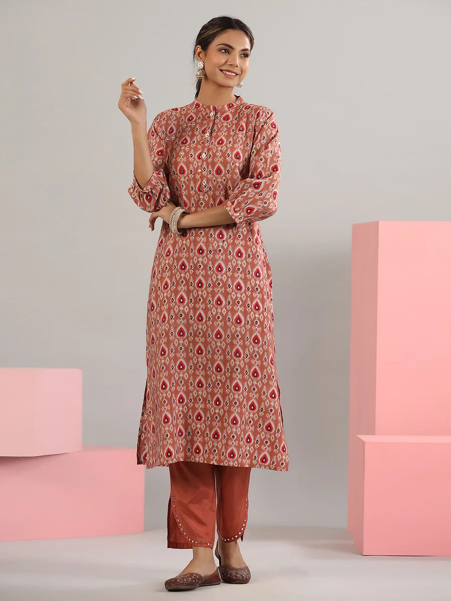 Cotton brown printed kurti with pant