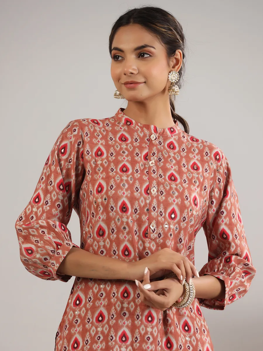 Cotton brown printed kurti with pant