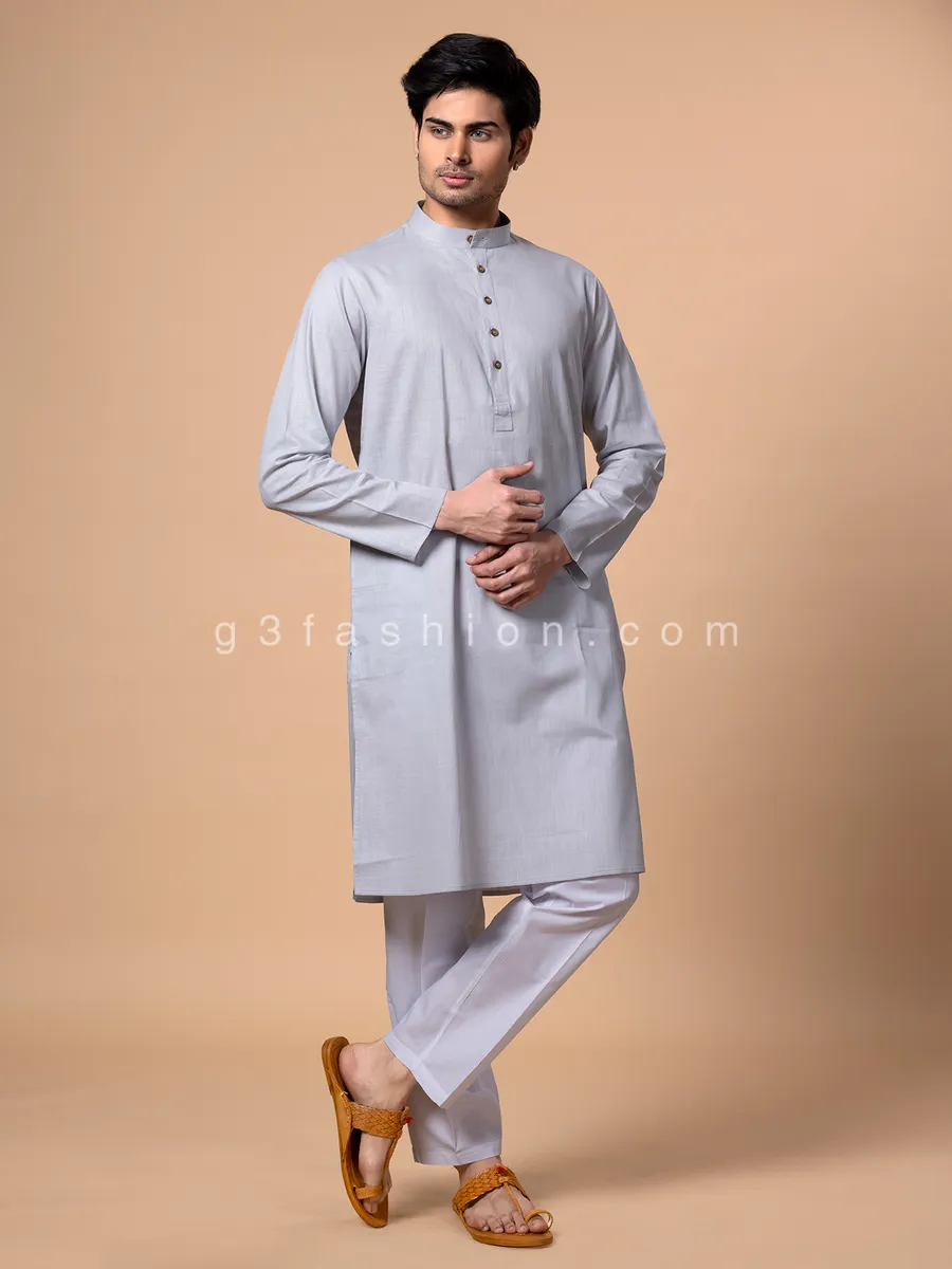 Cotton festive wear light grey  Men Kurta pajama