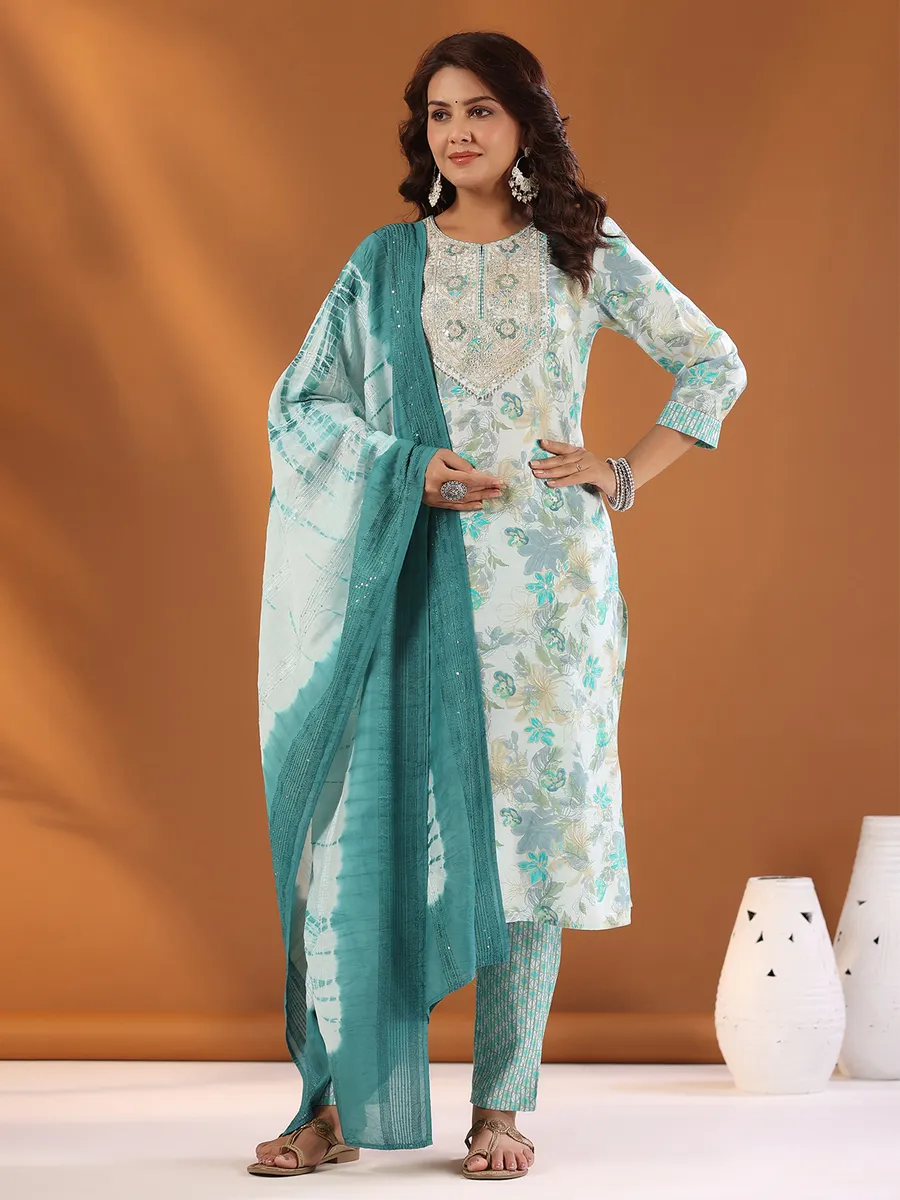 White and rama green floral printed kurti set