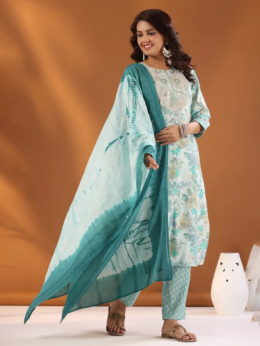 White and rama green floral printed kurti set