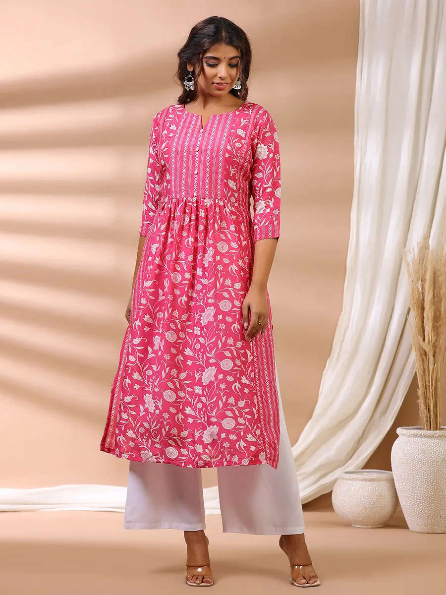 Cotton hot pink casual printed long kurti