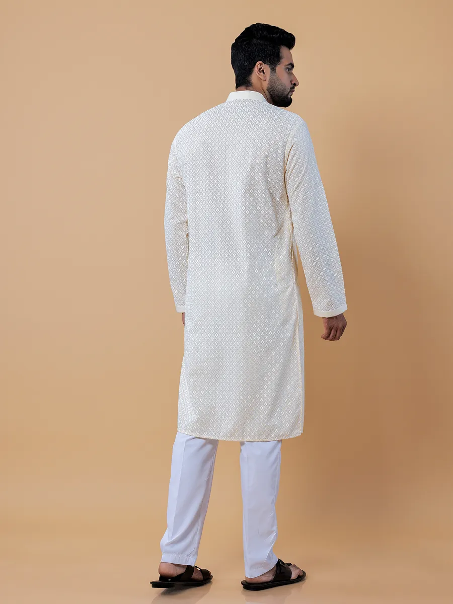 Cotton lucknowi  Men Kurta pajama in light yellow