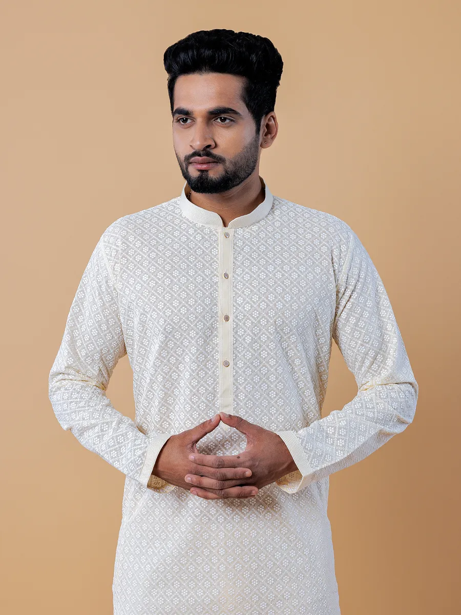 Cotton lucknowi  Men Kurta pajama in light yellow