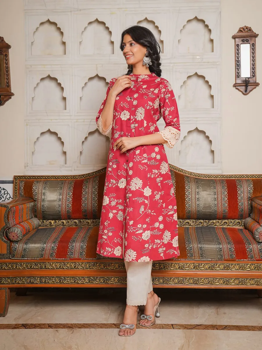 Cotton maroon printed casual kurti