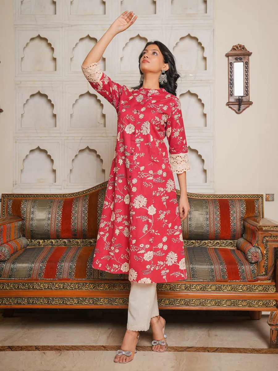 Cotton maroon printed casual kurti