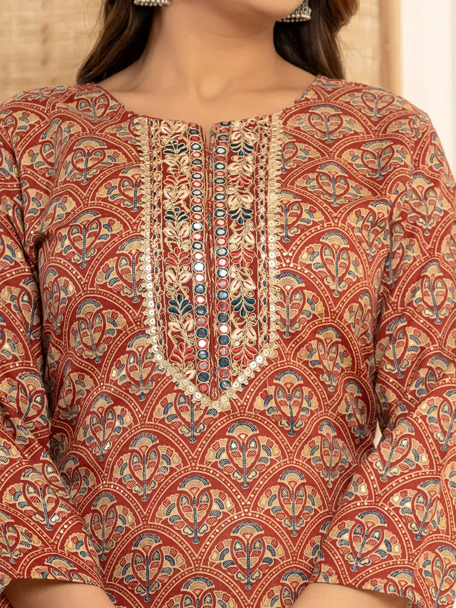 Cotton maroon printed kurti set with dupatta