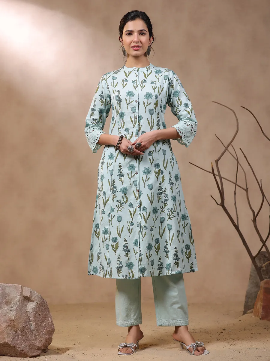 Cotton mint green floral printed kurti