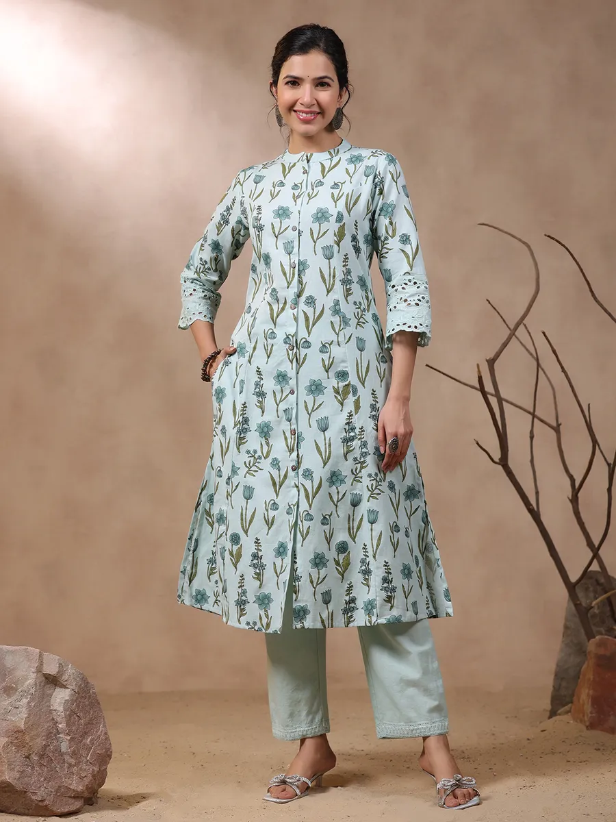 Cotton mint green floral printed kurti