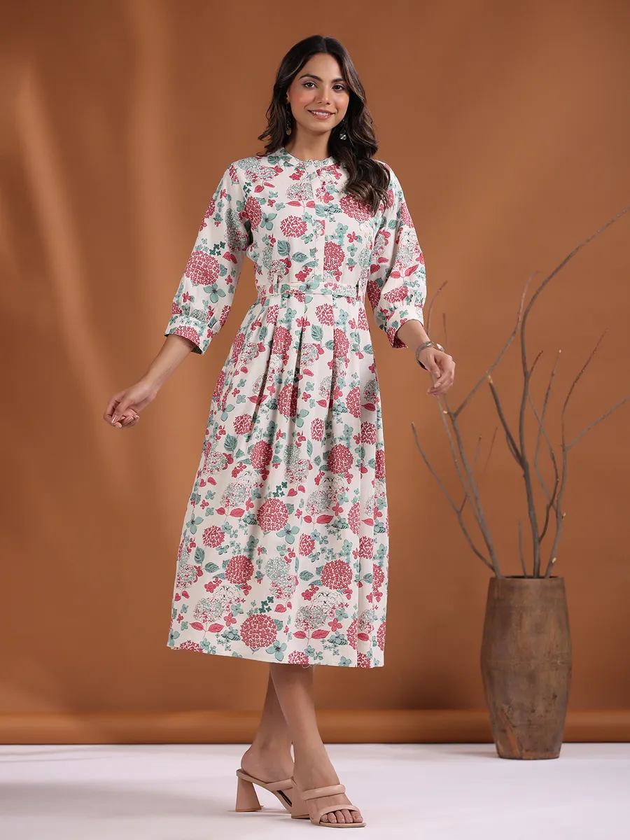 Cotton off white floral printed long kurti