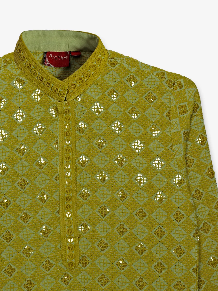 Cotton olive embroidery kurta suit