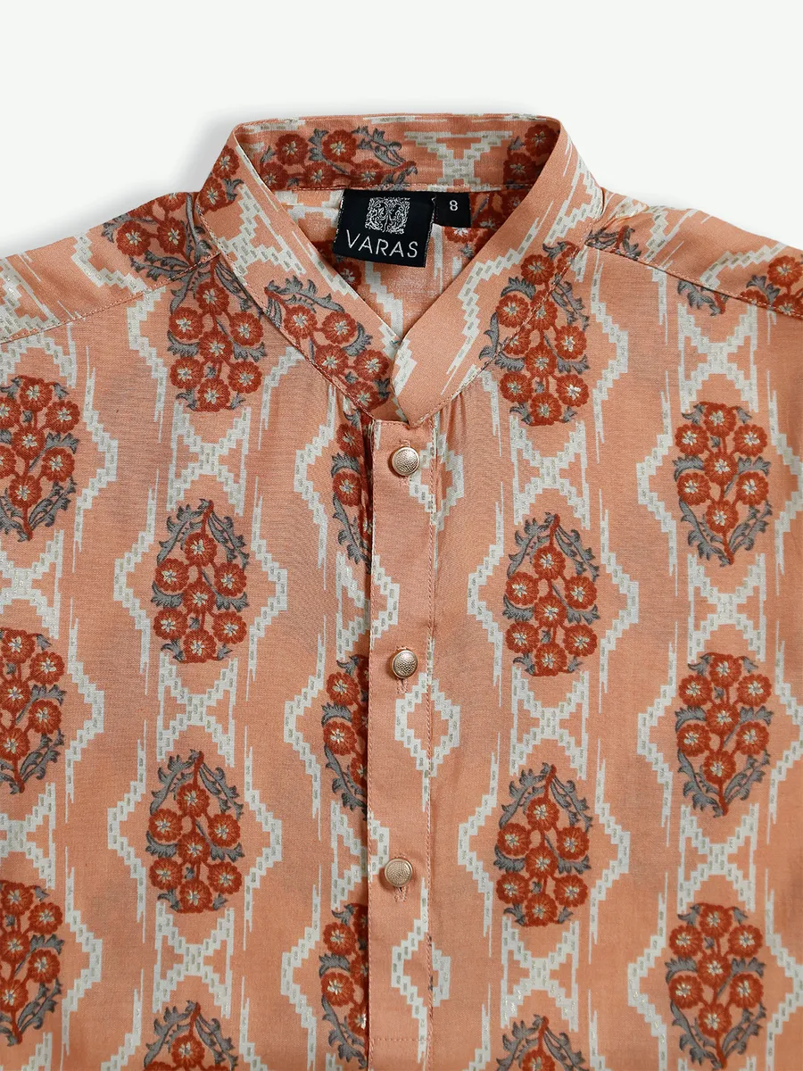 Cotton peach printed festive kurta suit