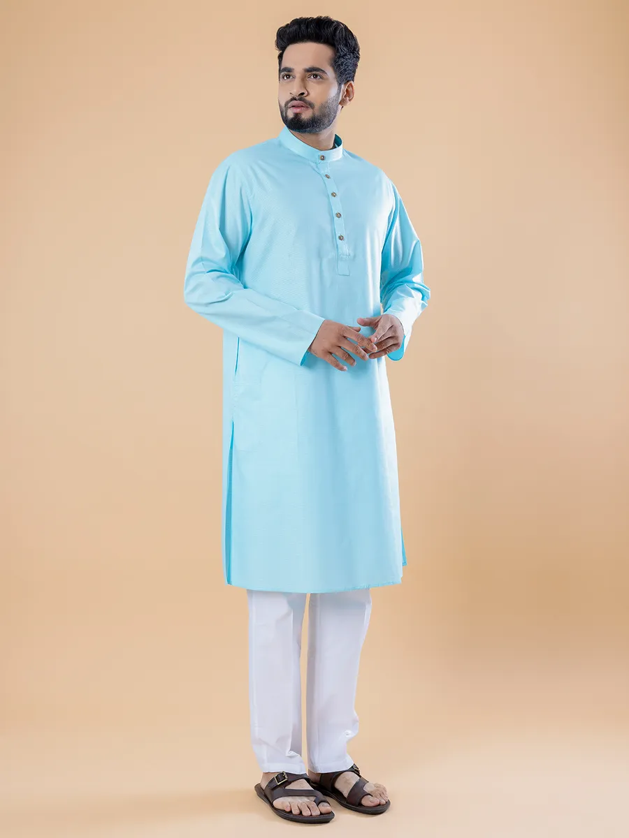 Cotton plain sky blue kurta suit