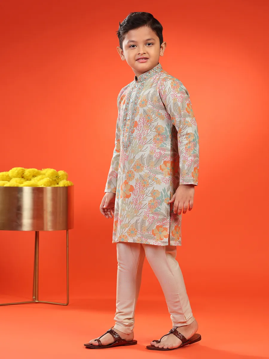 Cotton printed beige kurta suit