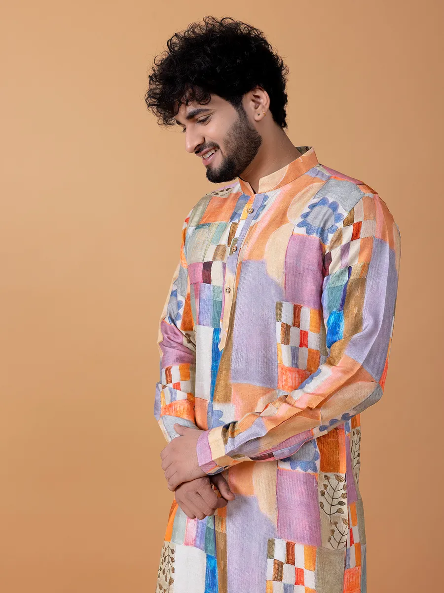 Cotton printed kurta suit in multi color