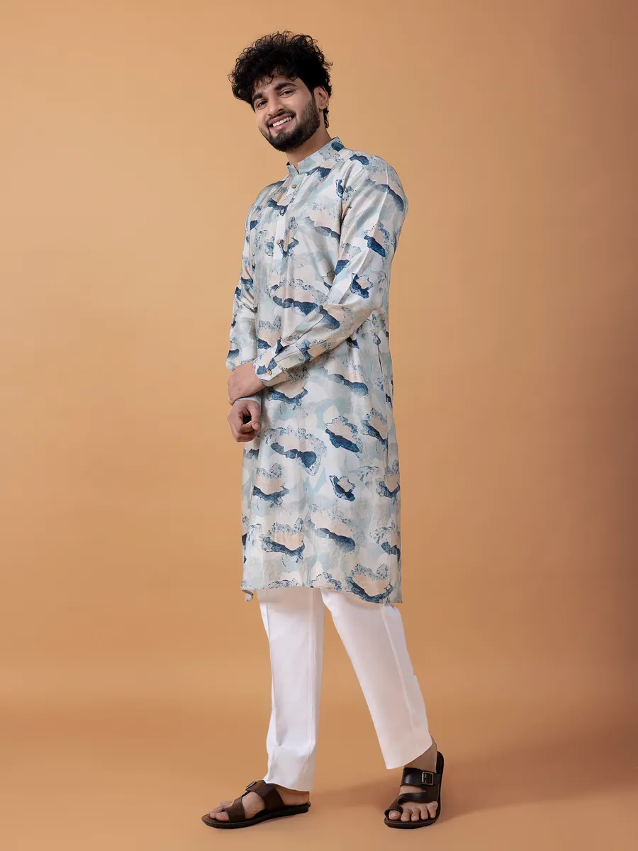 Cotton printed kurta suit in sky blue