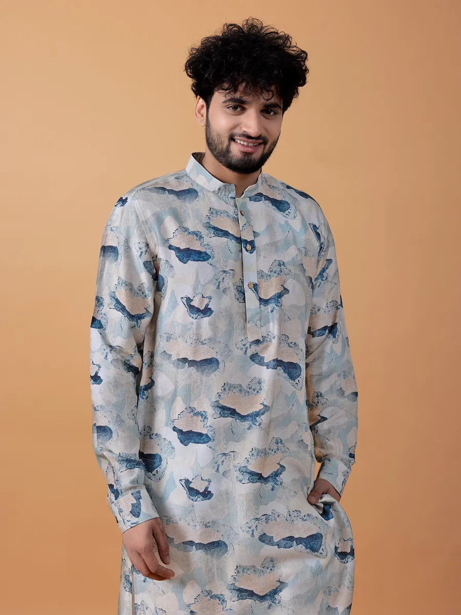 Cotton printed kurta suit in sky blue