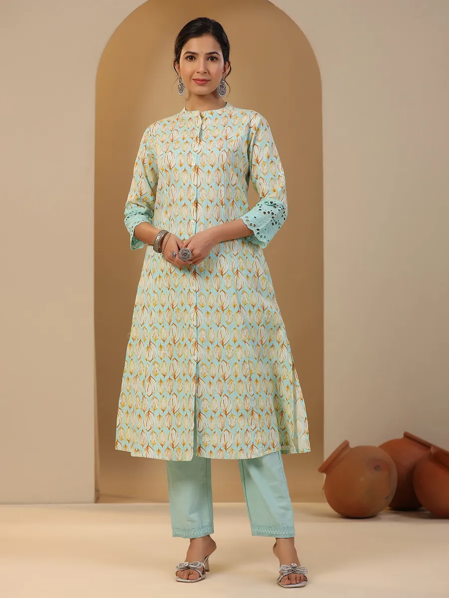 Cotton printed kurti in sky blue