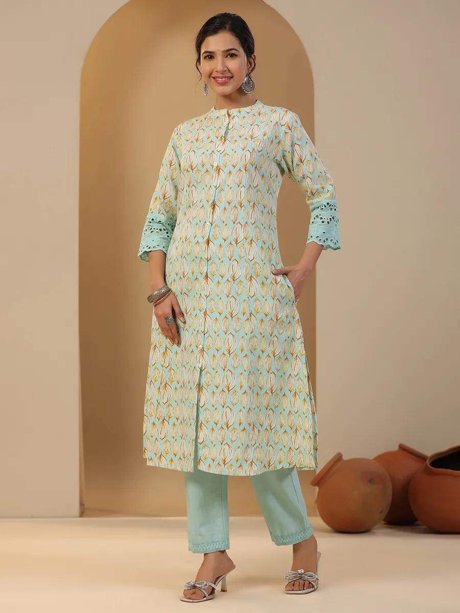 Cotton printed kurti in sky blue