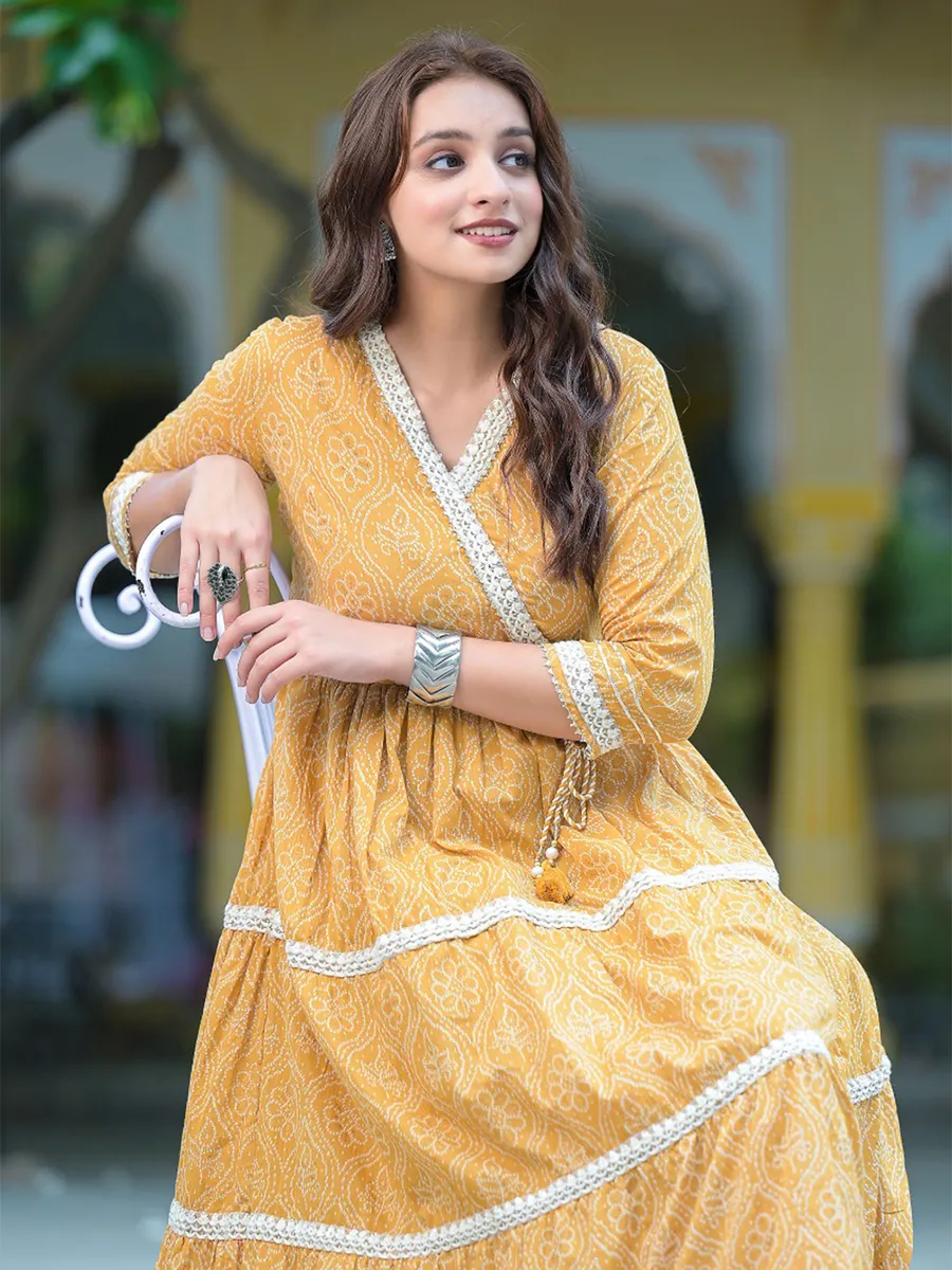 Cotton printed mustard yellow kurti