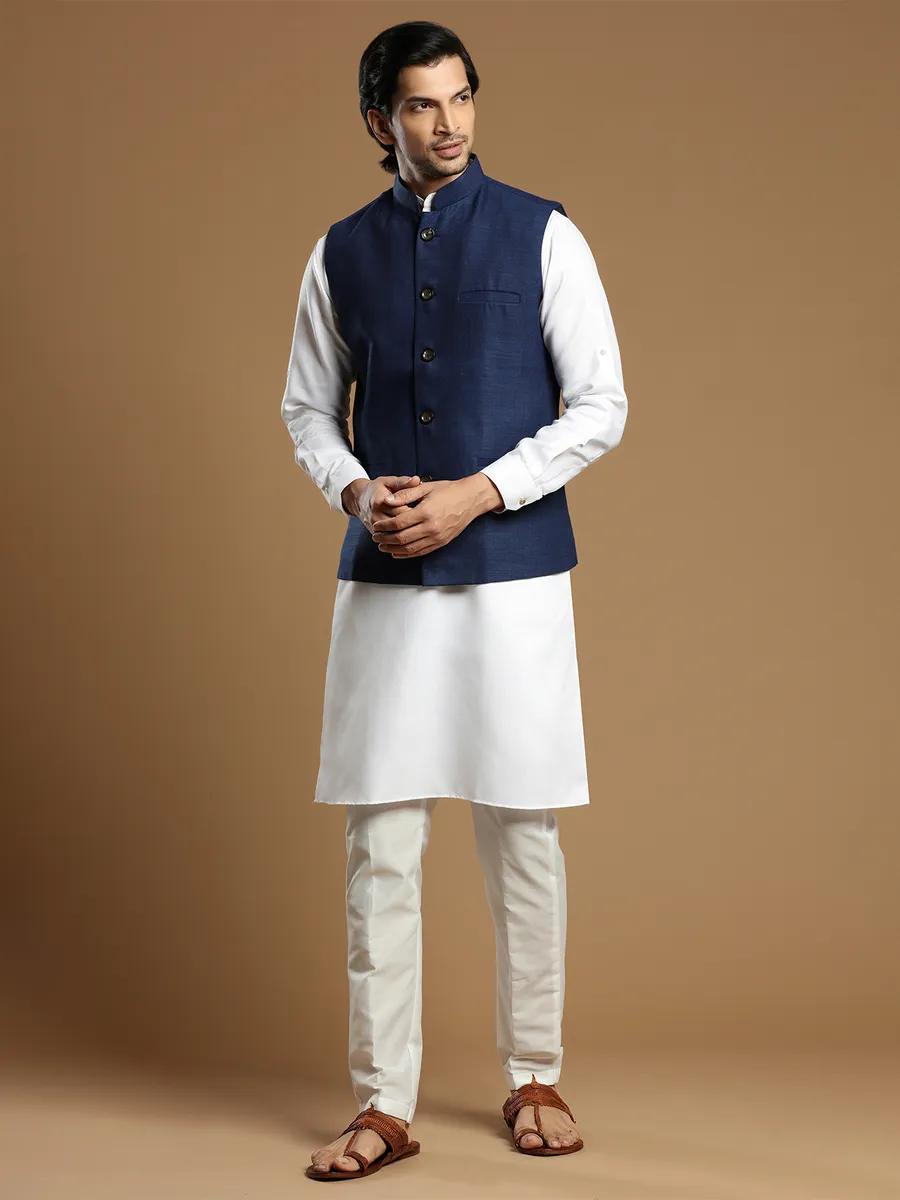 Cotton silk festive occasions navy waistcoat set for men