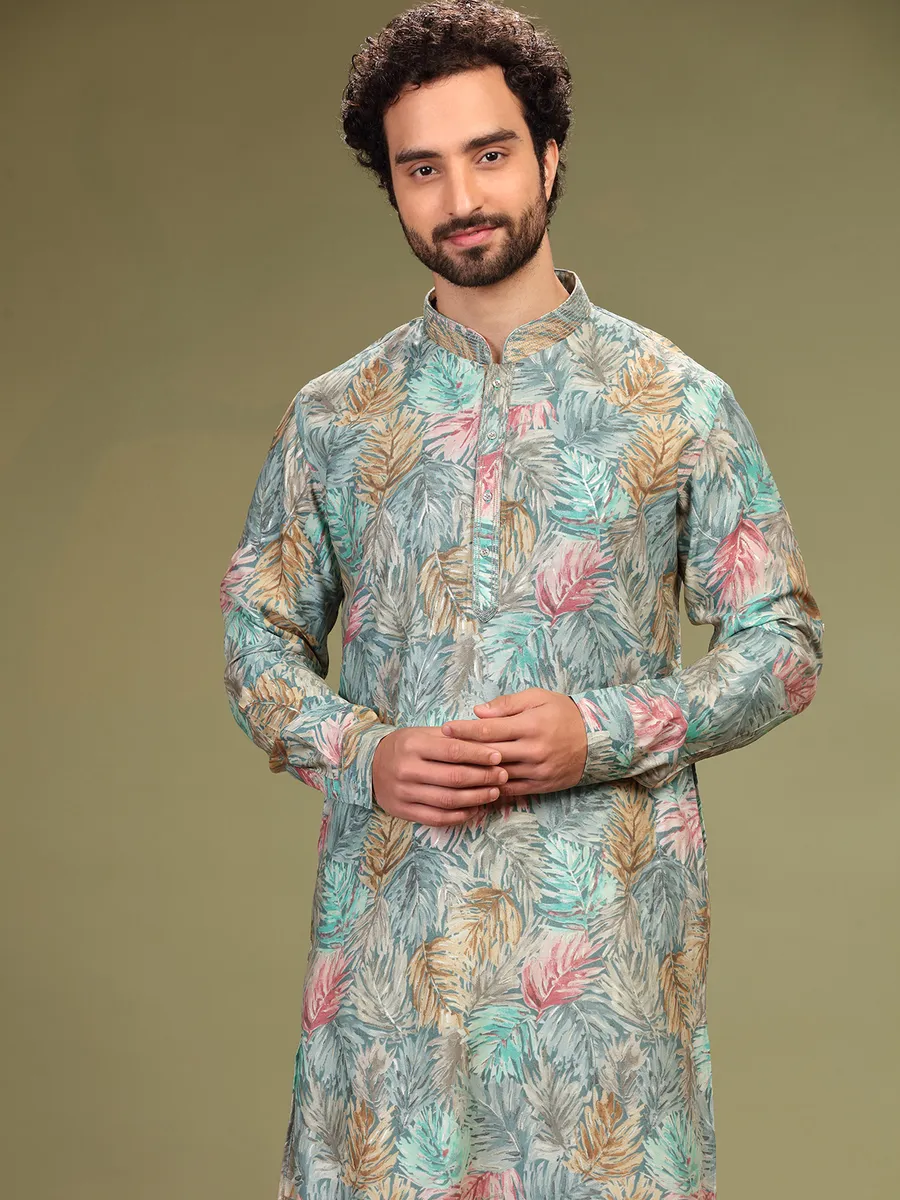 Cotton silk grey and blue printed  Men Kurta pajama