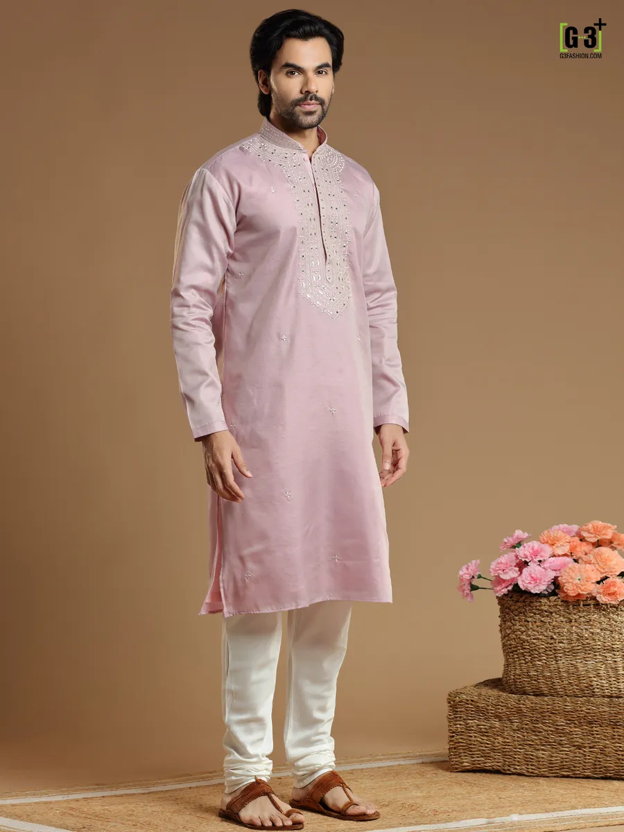 Cotton silk  Men Kurta pajama in onion pink color