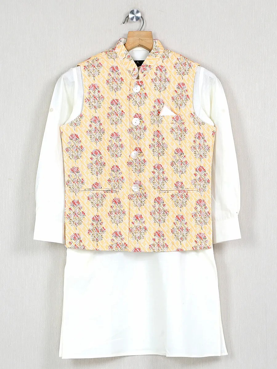 Cotton silk ochre yellow printed festive waistcoat set