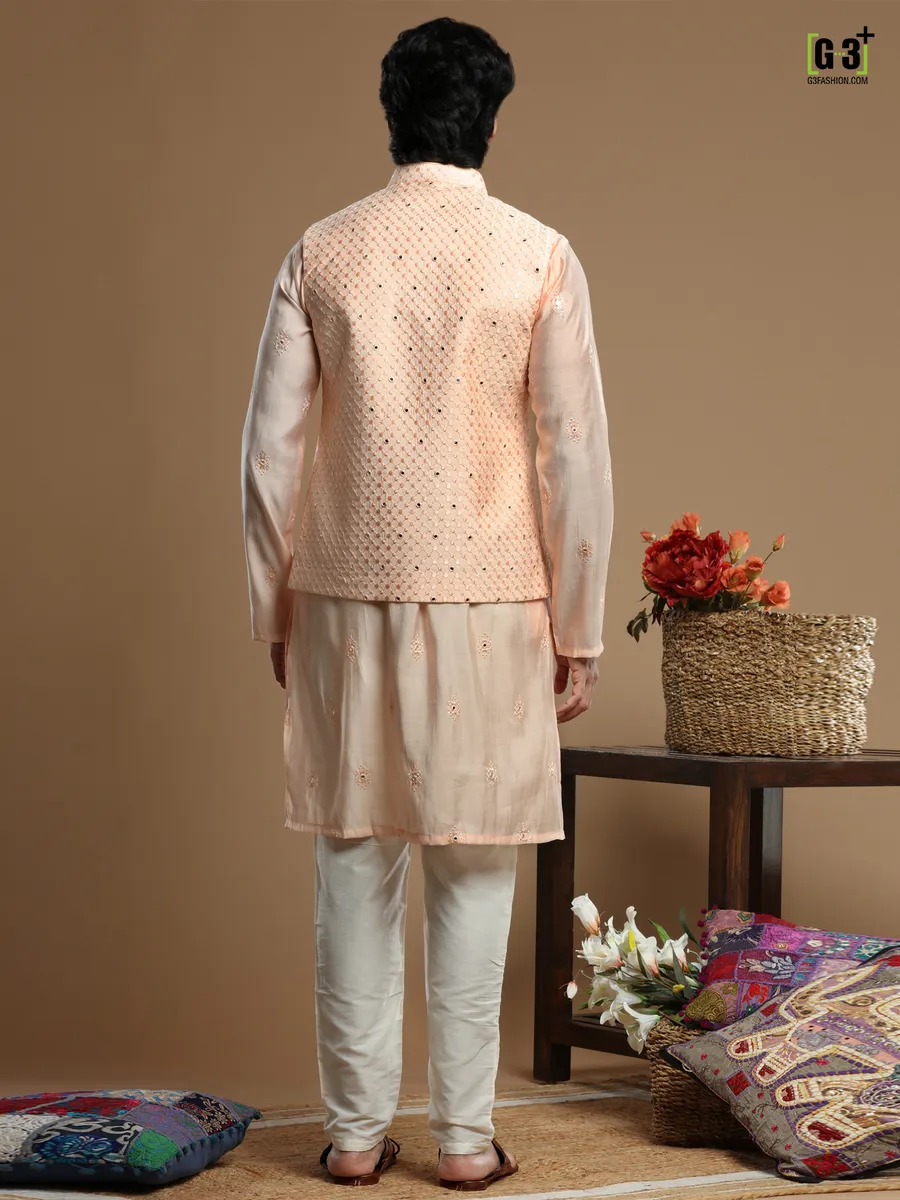 Cotton silk peach color waistcoat set for men