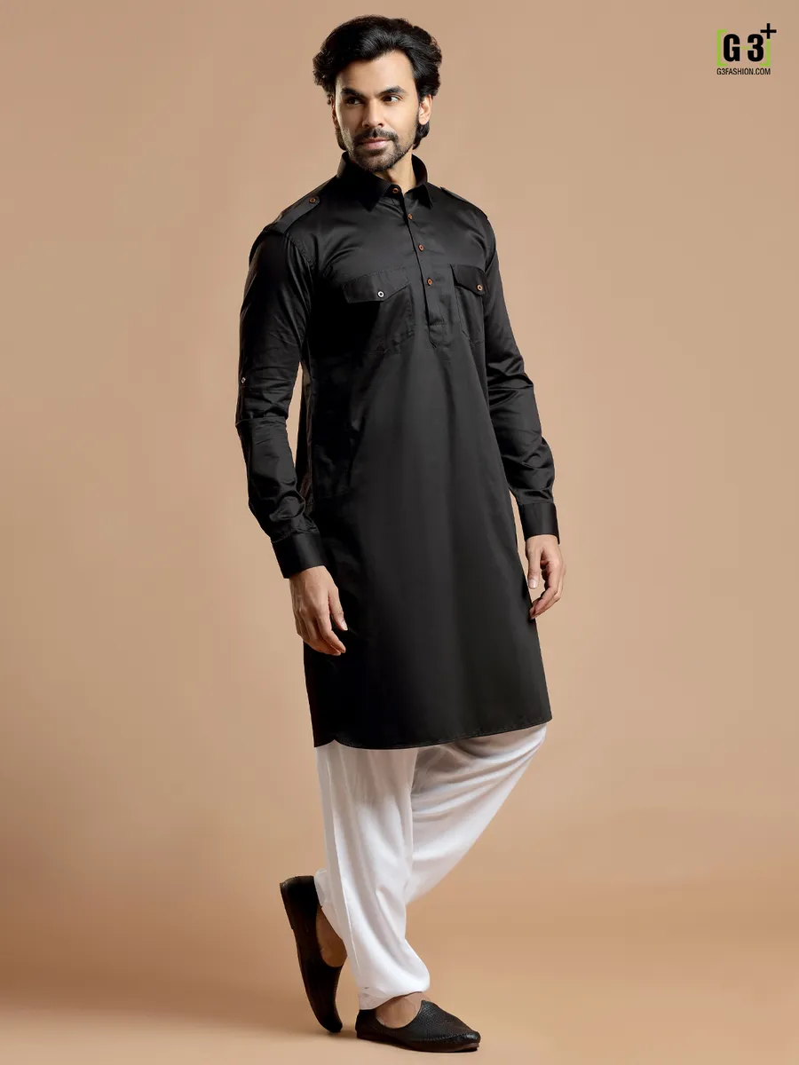 Cotton silk plain black festive pathani suit for men