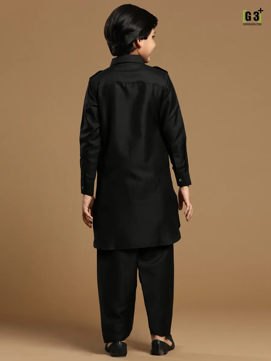 Cotton silk plain festive black pathani suit for boys