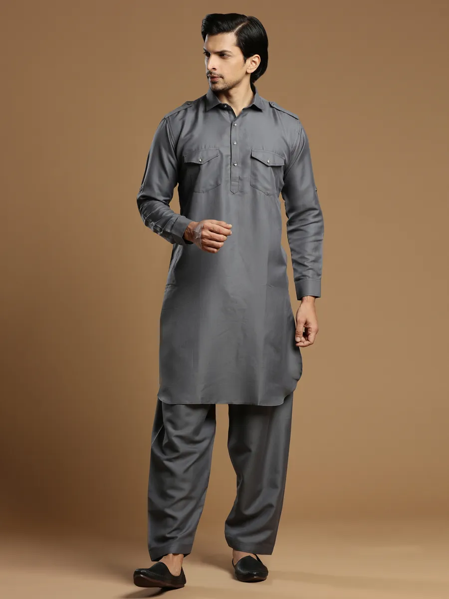 Cotton silk plain grey festive pathani suit for men