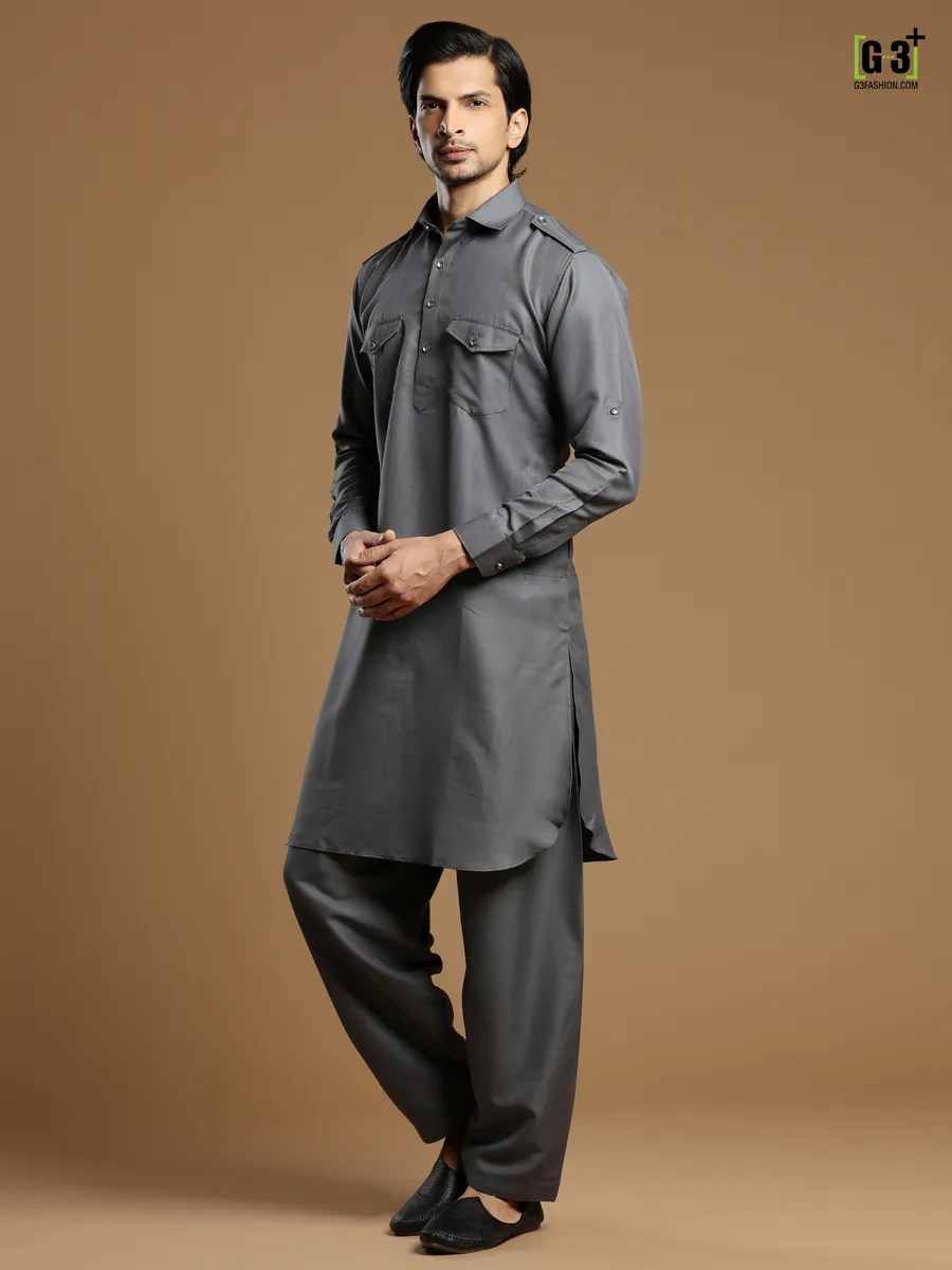 Cotton silk plain grey festive pathani suit for men