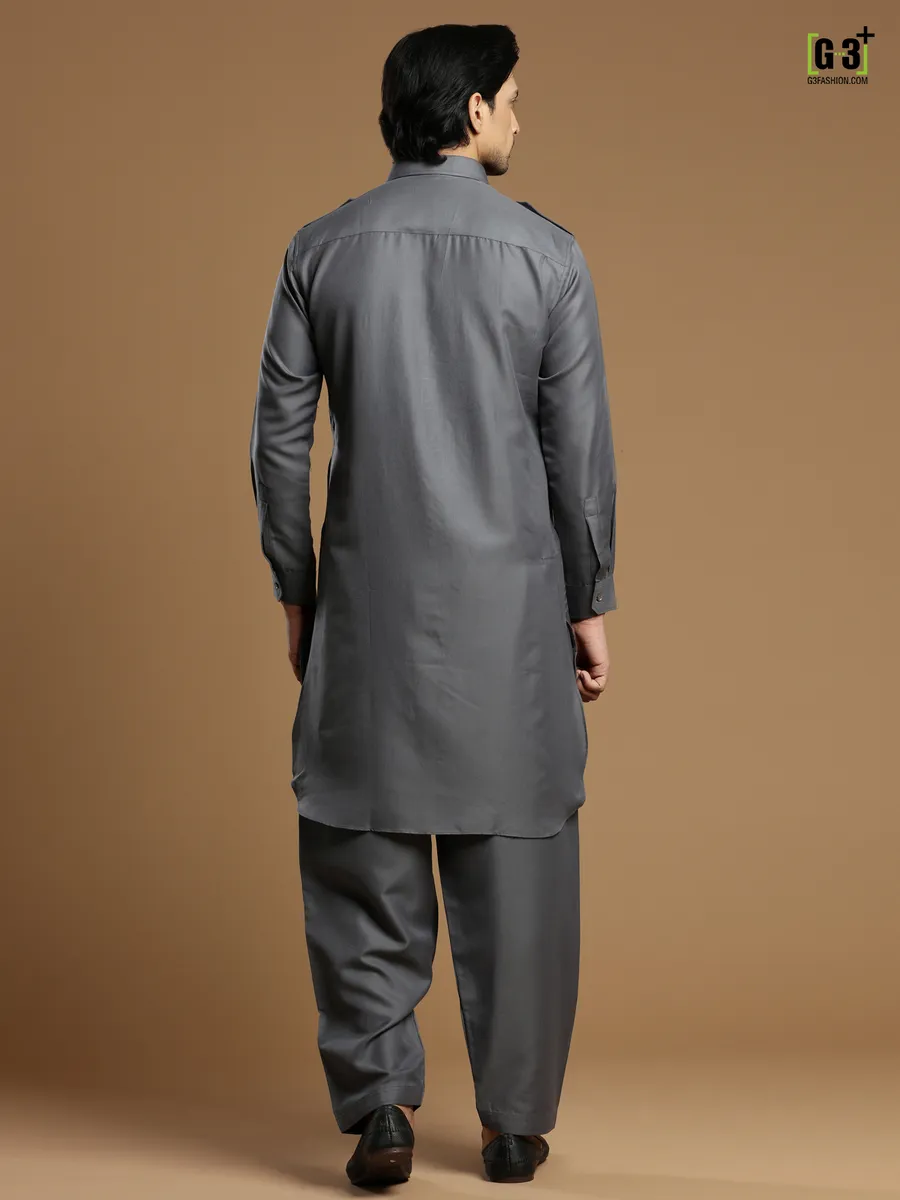 Cotton silk plain grey festive pathani suit for men