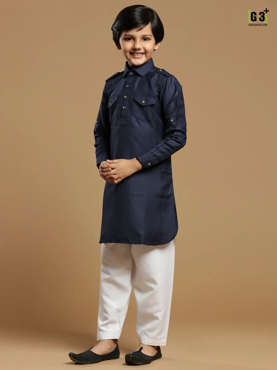 Cotton silk plain navy festive pathani suit for boys