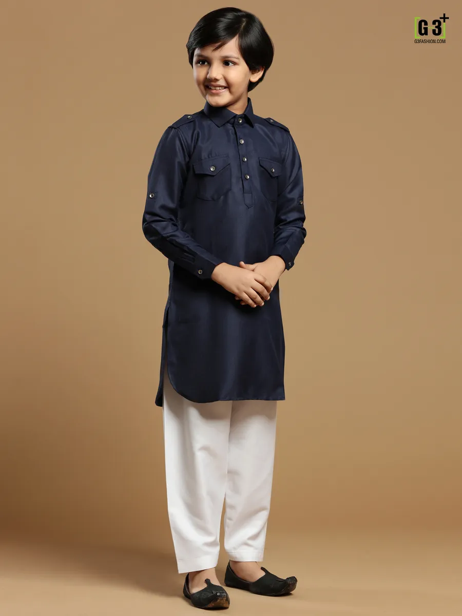 Cotton silk plain navy festive pathani suit for boys