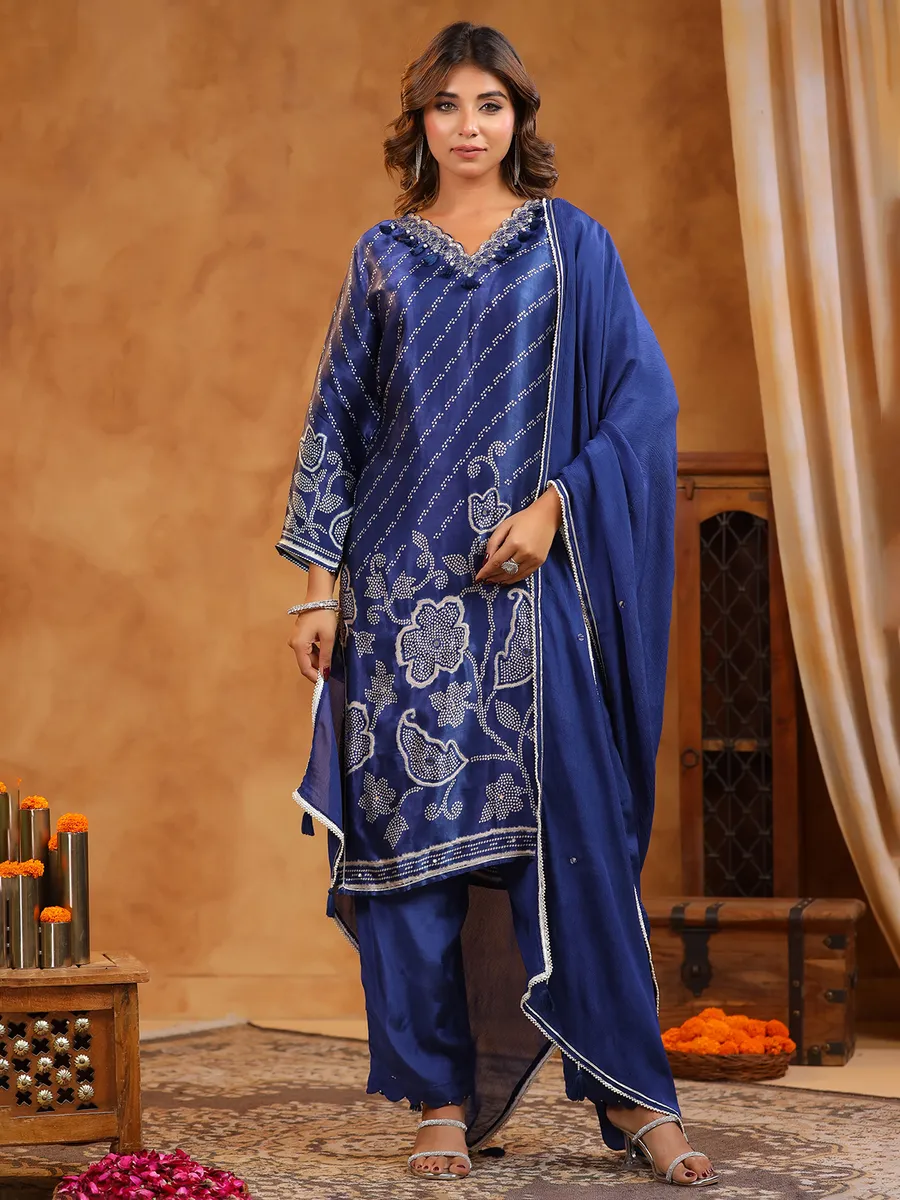 Cotton silk printed blue kurti set for festival