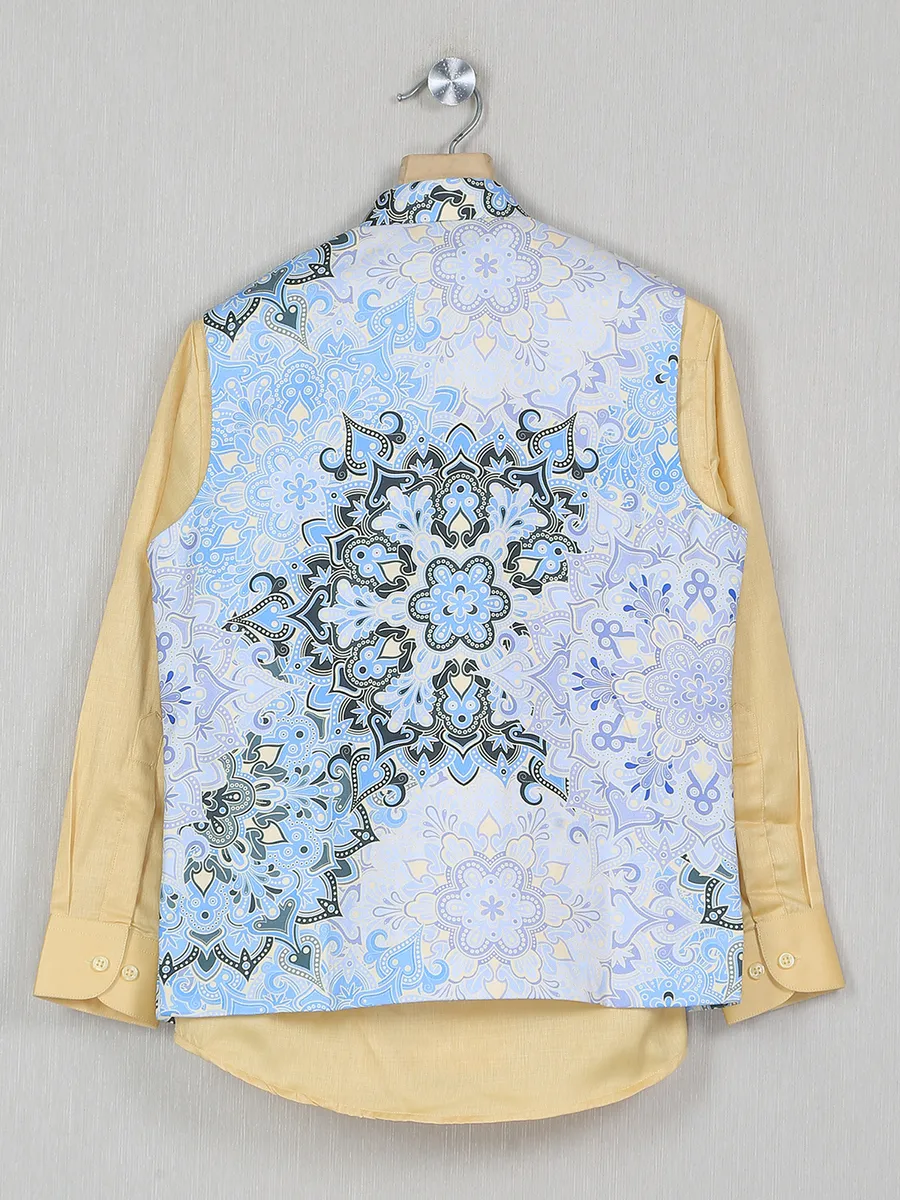 Cotton silk printed waistcoat with shirt in sky blue