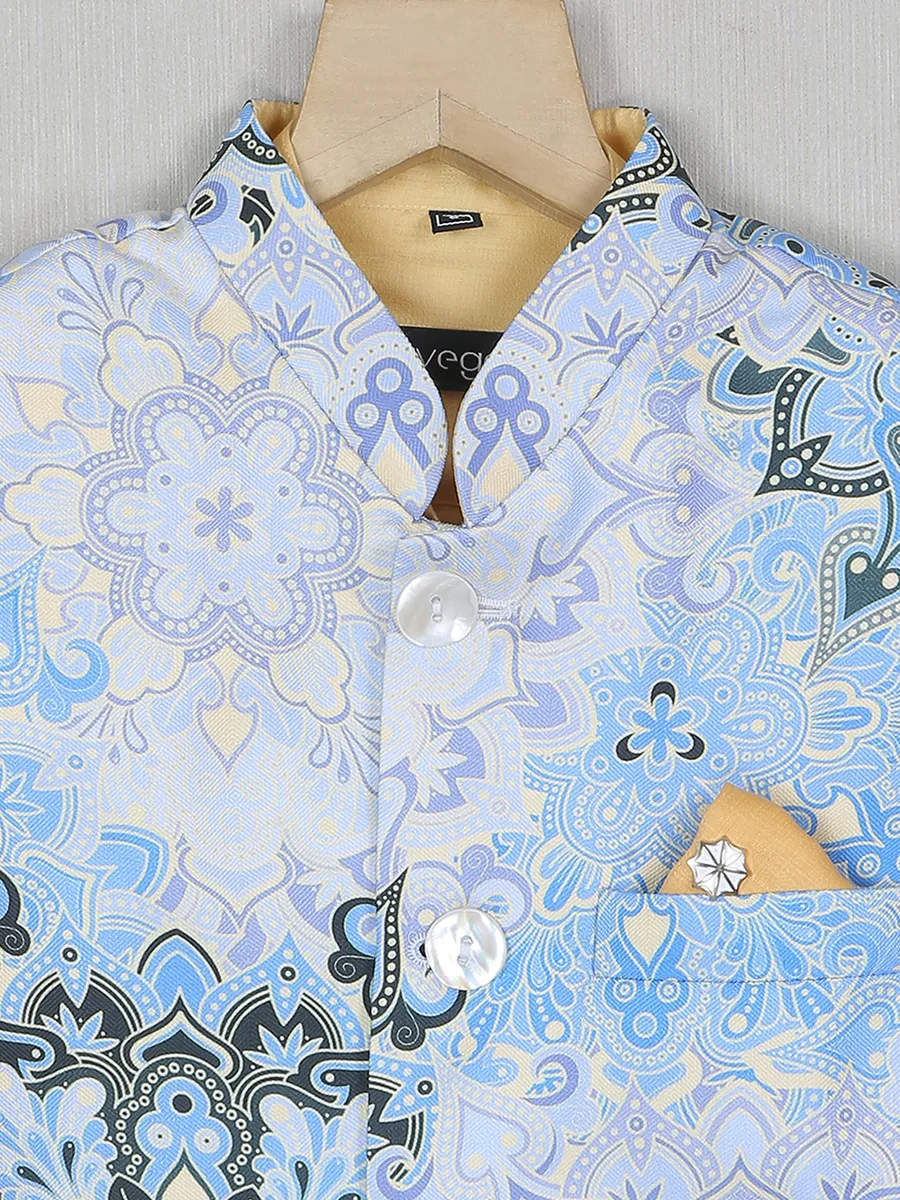 Cotton silk printed waistcoat with shirt in sky blue