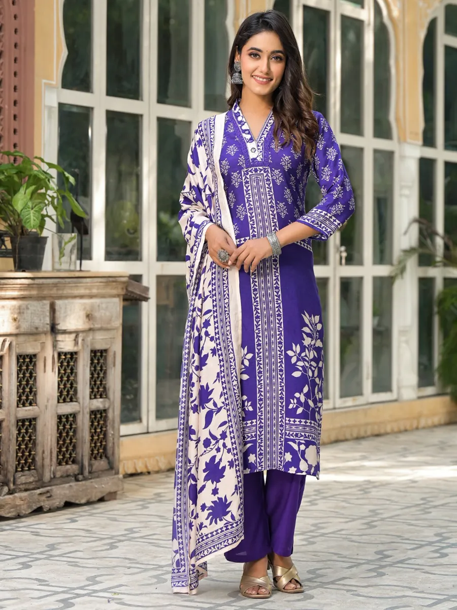 Cotton silk purple printed salwar suit