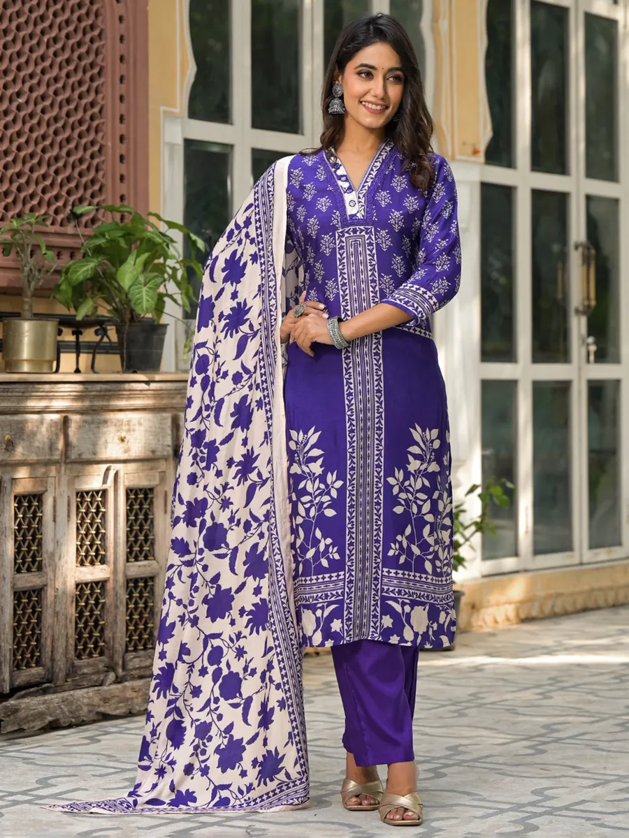 Cotton silk purple printed salwar suit