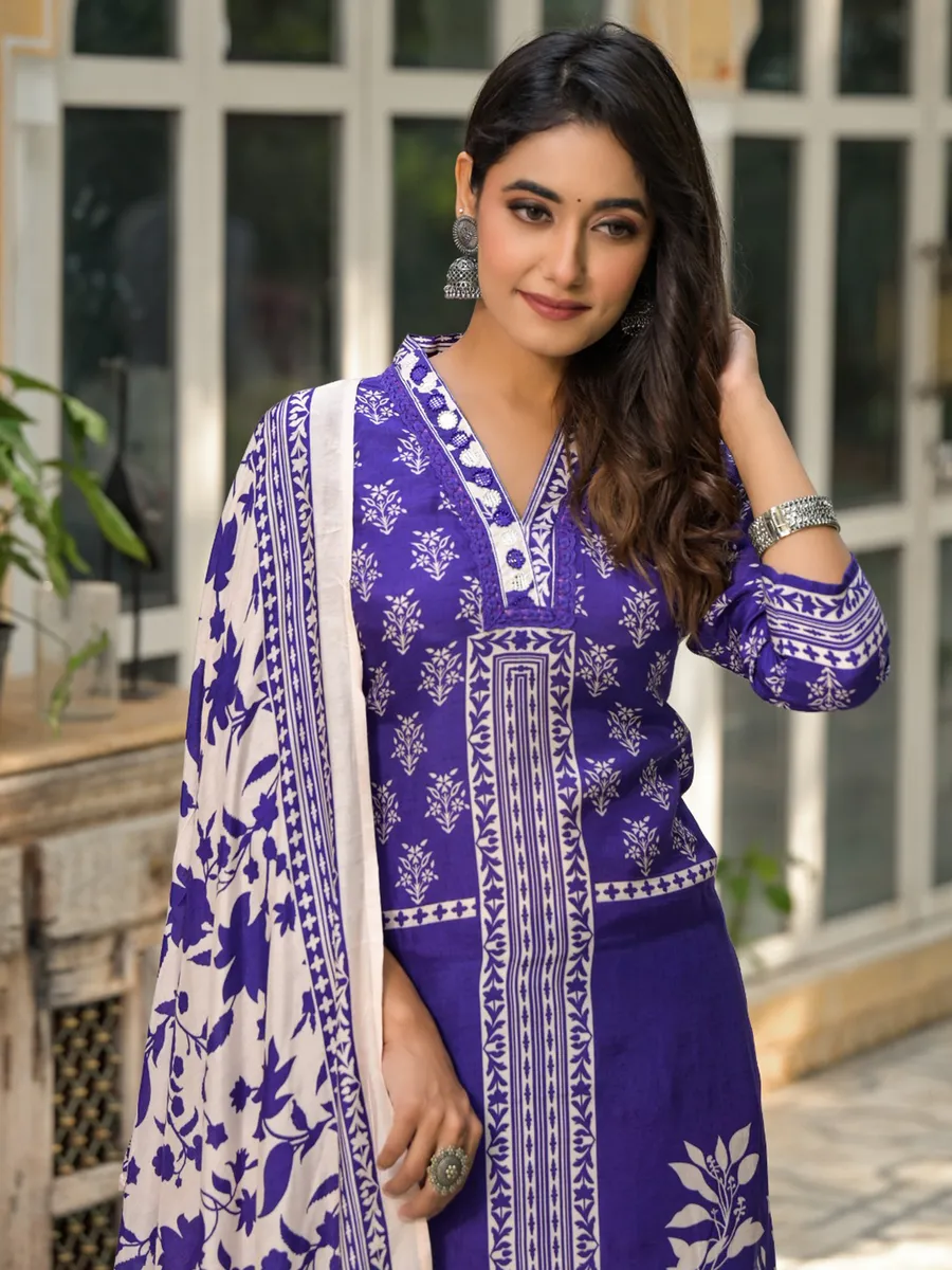Cotton silk purple printed salwar suit
