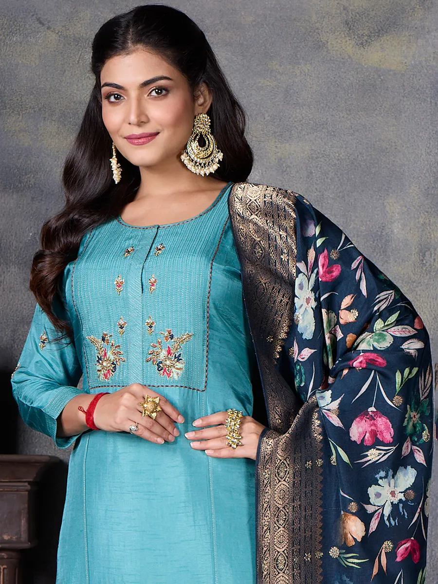 Maroon and Blue Salwar Suit - Cotton - 3 pieces