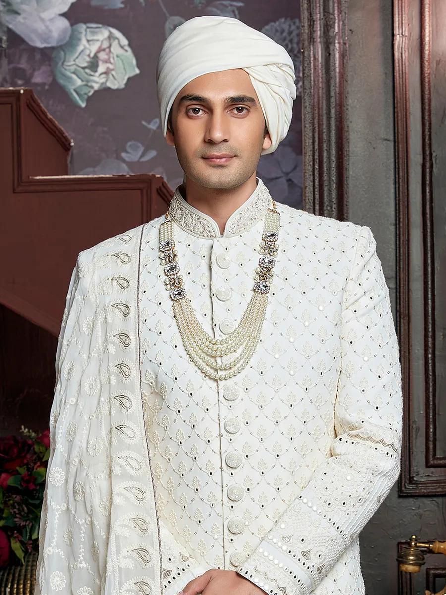 Cotton silk wedding sherwani in cream color